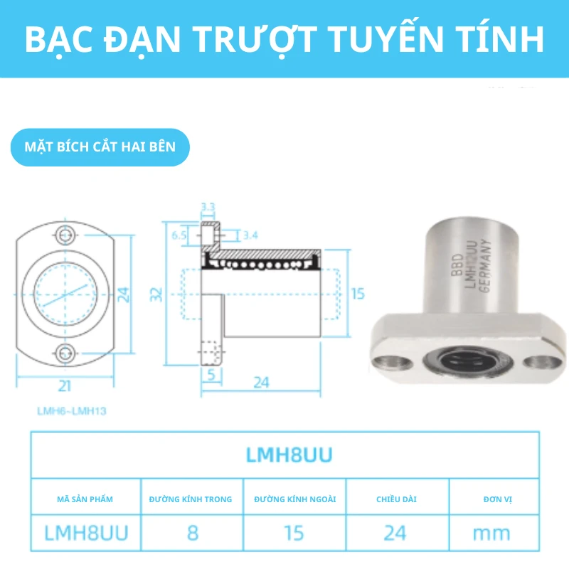 Con trượt tròn mặt bích Oval thân ngắn LMH8UU (Bi trượt tròn) - Ảnh 2
