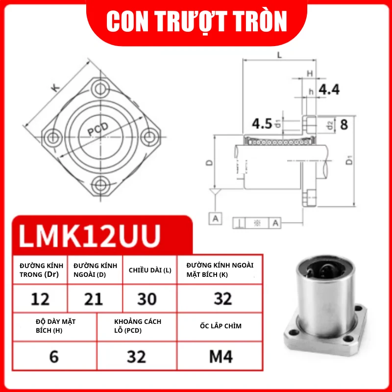 Con trượt tròn mặt bích vuông thân ngắn LMK12UU (Bi trượt tròn) - Ảnh 2