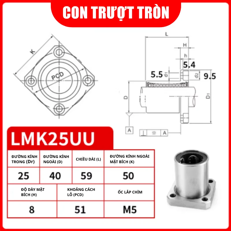 Con trượt tròn mặt bích vuông thân ngắn LMK25UU (Bi trượt tròn) - Ảnh 2