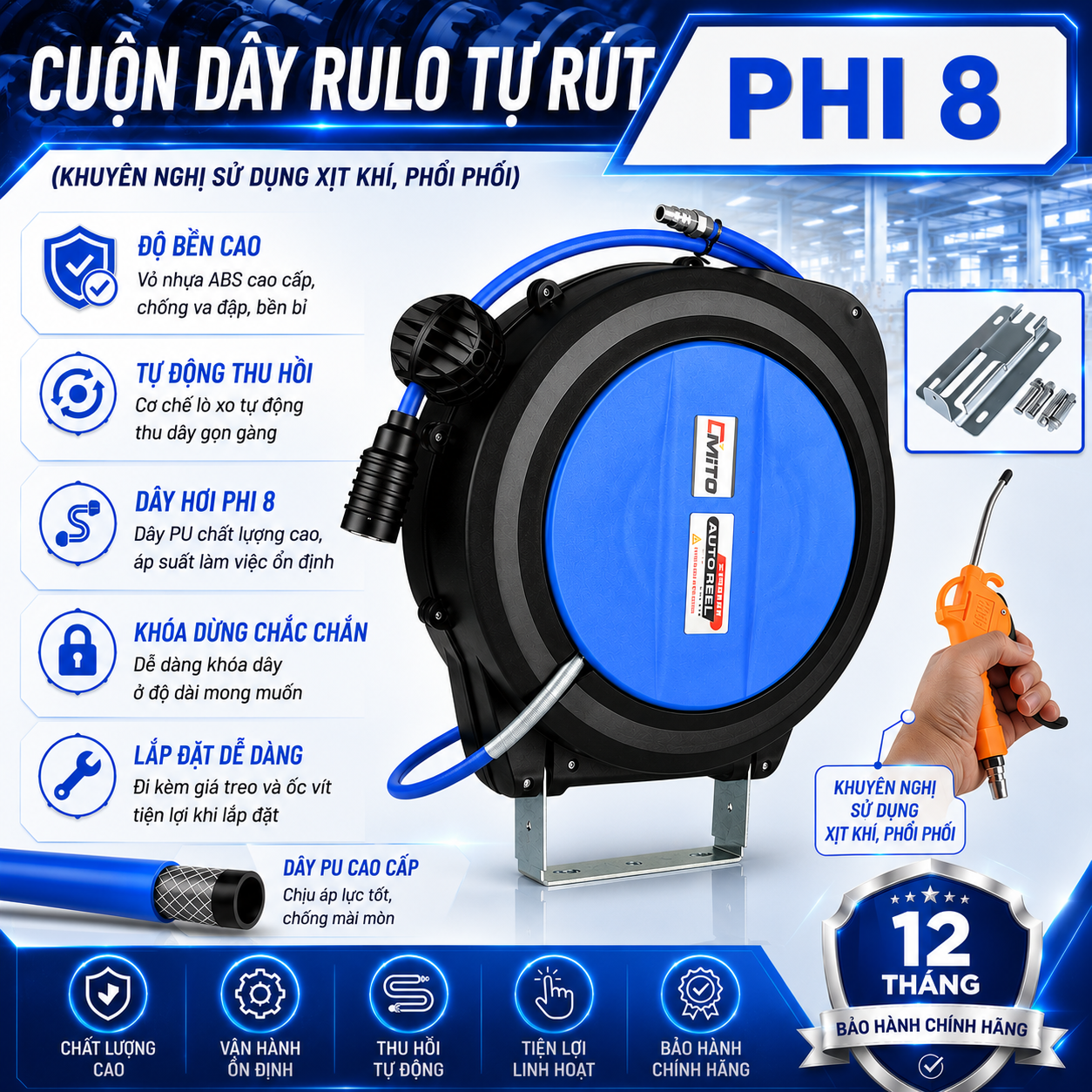 Cuộn Dây Rulo Khí Nén Tự Rút Phi 8