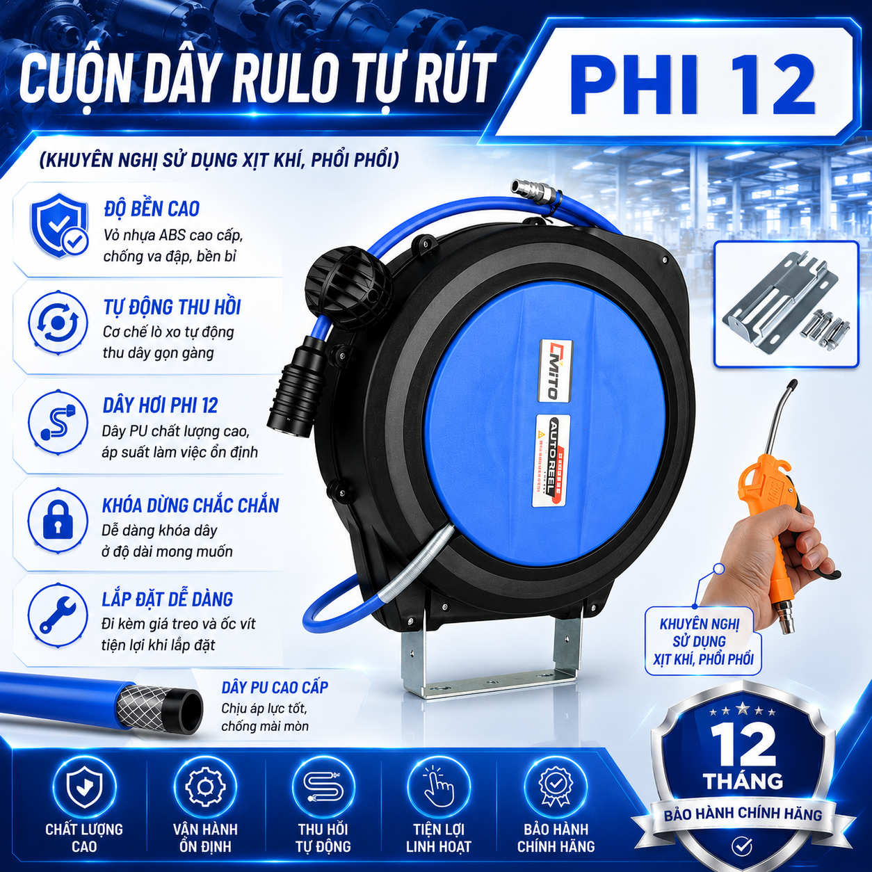 Cuộn Dây Rulo Khí Nén Tự Rút Phi 12