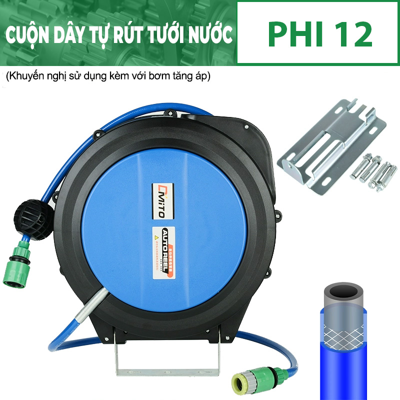 Cuộn dây rulo tự rút tưới nước phi 12 kích thước 10 - 15 - 22m
